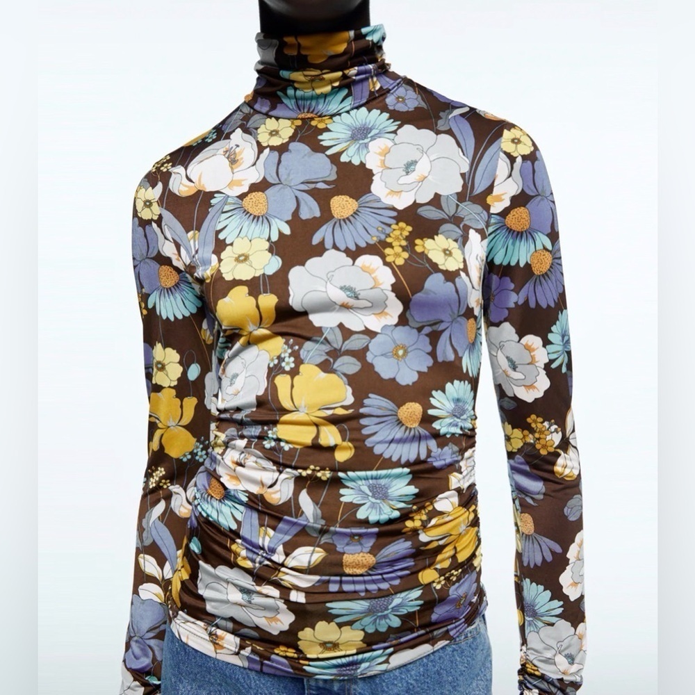 Zara Brown 70s Inspired Floral Groovy Second Skin Long Sleeve Shirt Blouse Top